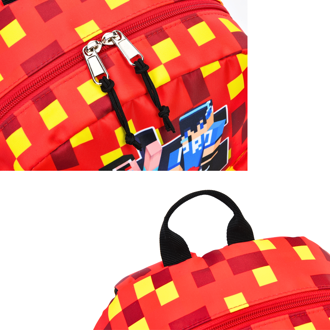 Close-up of the red PrestonPlayz & Friends Backpack showing zippers and graphics, perfect for school and adventures.