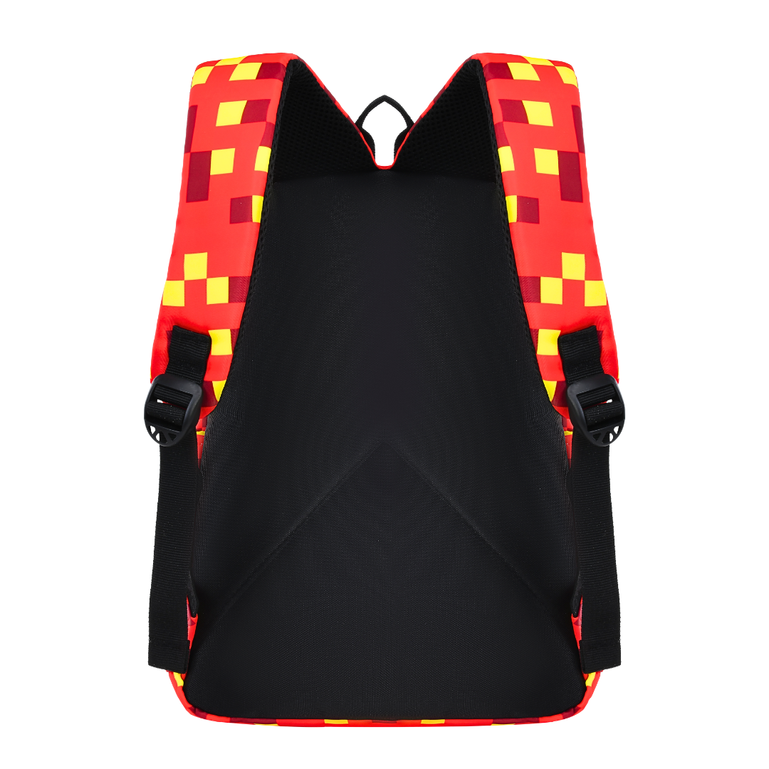 PrestonPlayz & Friends Backpack with vibrant red and yellow pixel design, perfect for school and adventures.