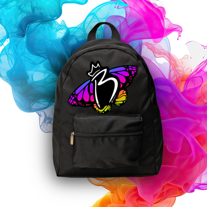 Brianna Playz favorite black backpack with a colorful butterfly graphic and a white stylized letter 'B' on the front, shown against a white background with vibrant blue, pink, and orange smoke effects.