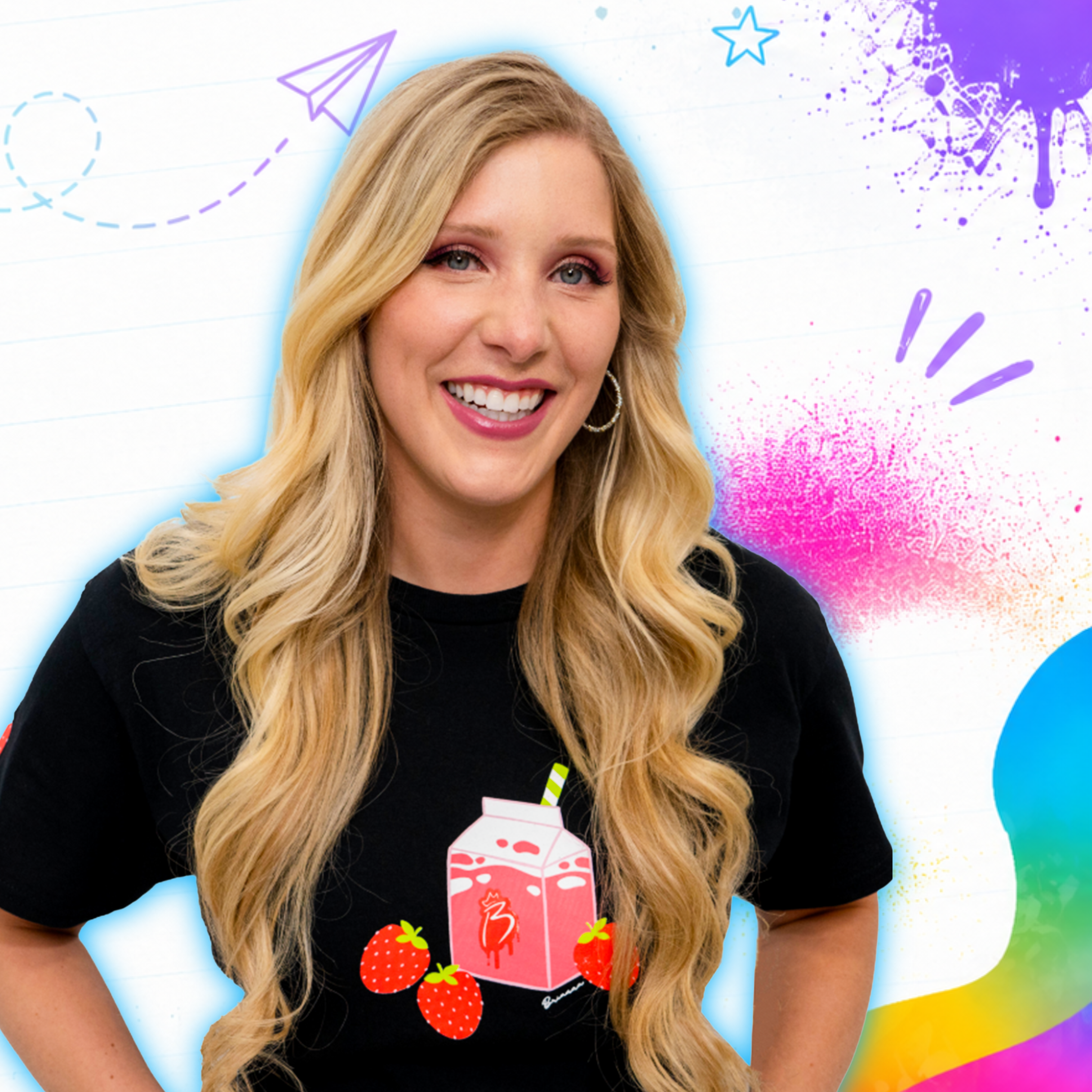 Brianna Playz wearing a black graphic t-shirt with a pink juice carton and strawberry design, set against a colorful, playful background with paint splatters and doodles.