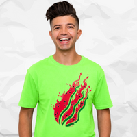 Preston Playz wearing a bright neon green t-shirt with a red and green watermelon flame graphic on the front, set against a light gray crumpled paper background.